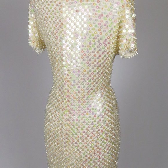 Vintage 80s Pearl Heavily Beaded Cocktail Party Prom Trophy Sheath Dress  S M - Picture 10 of 16